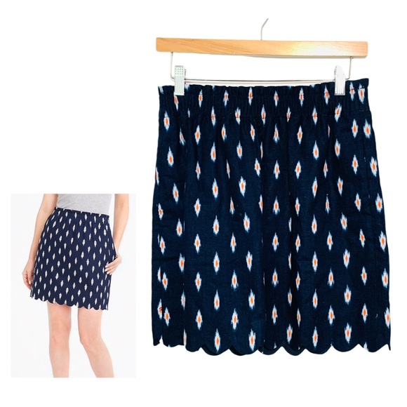 J. Crew Dresses & Skirts - J Crew Ikat Printed Scalloped Sidewalk Skirt Size 4 Linen Blend Navy Blue